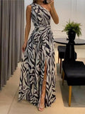 Yipinpay Women Zebra Stripe Print Dress Chic One-Shoulder Diagonal Collar Maxi Frock Lady Chic Sleeveless Slit A-Line Vestido