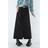 yipinpay Women Black Denim Half Body Skirt Split Fork High Waist Casual Korean Fashion Mid Length Bottoms Baggy Vintage Female Long Skirt