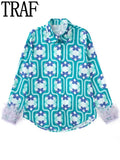 Yipinpay 2023 Print Feather Top Female Baggy Button Up Shirt Woman Feather Cuffs Women Shirt Long Sleeve Summer Blouses And Shirts