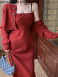 Yipinpay Red Knitting Dress Women Korean Fashion Office Lady Two Piece Dress Female Winter Warm Casual Christmas Party Dress 2023