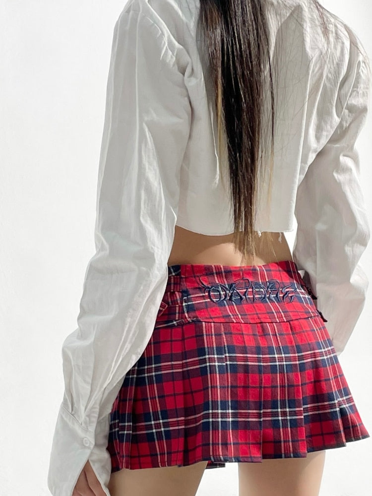 Yipinpay Plaid Mini Skirt Women Summer Low Waist 2000s Y2k Embroidered A-line Pleated Micro Skirt Gyaru Girl Sexy Preppy Style