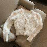 Yipinpay Neck Cropped White Mohair Knitted Cardigan Retro Casual Lazy Oversized Sueters Sweaters for Women Solid Fur Clothes Jacket