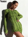 yipinpay Casual Long Sleeve Sexy Club Striped Basic BodyconY2K Women Dresses Winter 2023 Evening Party Fashion Dress Green Ladies