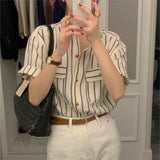 Yipinpay Mujer De Moda 2023 Cargo Office Lady Vintage Blouse Lapel Vertical Stripe Shirt Short Sleeved Loose Casual Top Y2k Grunge