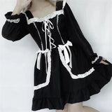Yipinpay and Autumn Mori Girl Style Dress Women Ruffles Patchwork Square Collar Japan Lace Up Female Black Dress