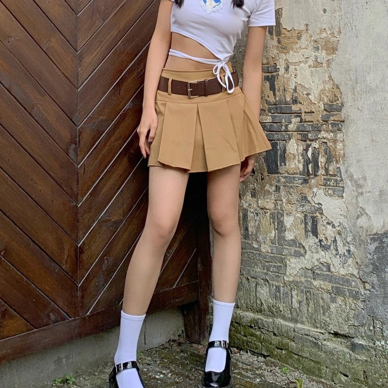 Yipinpay Y2k Vintage Belt Pleated Skirt Women Summer Sexy Korean High Waist A-line Mini Skirt Casual Preppy Style Kpop Streetwear