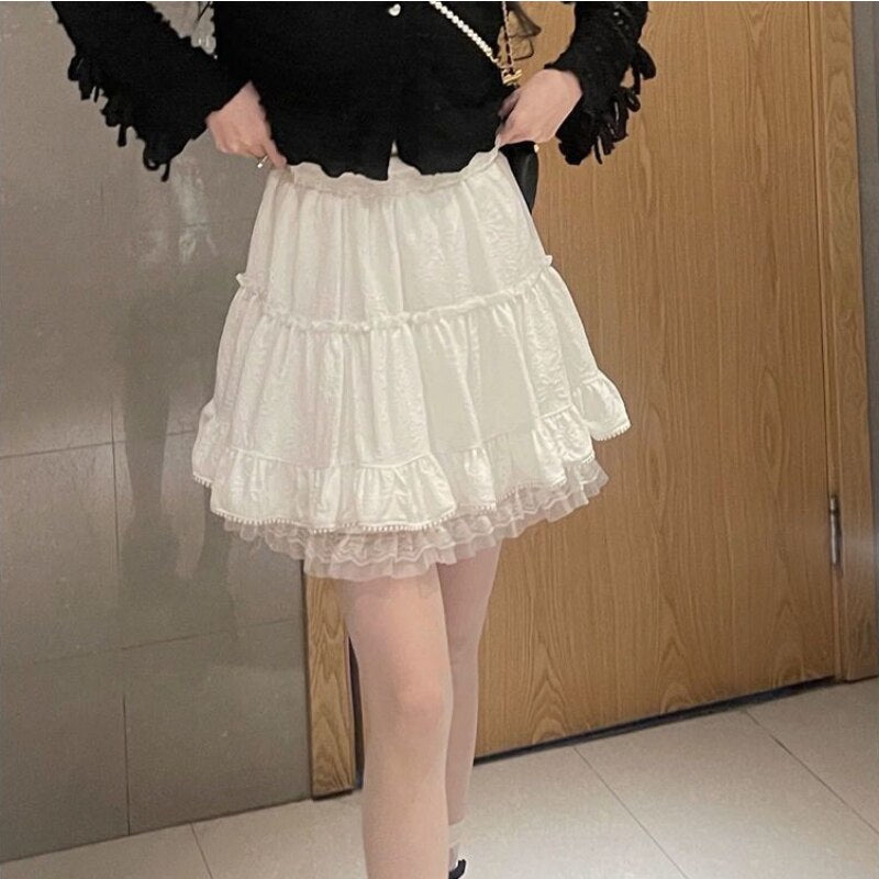 Yipinpay Kawaii Fashion White Mini Skirt Women Lace Ruffle Patchwork Japanese Cute Fairycore High Waist Lolita Skirt Tutu Summer