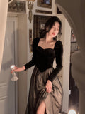 Yipinpay Long Sleeve Midi Dress Woman Slim French Vintage Velvet Dress Party Casual Korean Fashion Dress Female 2023 Autumn Chic