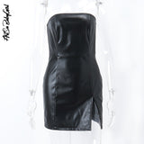 yipinpay Women Dresses Summer PU Leather Black Dress High Waist Slit Mini Dress Solid Woman Clothing Streetwear Strapless Bodycon Dresses