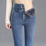 Yipinpay Leggings Jeans Women Velvet Thicken Warm Pencil Pants Casual High Waist Female Korean Thermal Straight Skinny Denim Trousers