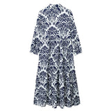 Yipinpay Blue Printed Long Dress Women Ruffle Shirt Dress Woman 2023 Ruched Midi Dresses Loose Casual Summer Women's Dresses