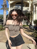 Yipinpay Kpop Leopard Print T-shirt Women Y2k Harajuku Slim Crop Top Korean Vintage Sexy Square Collar Short Sleeve Tee Summer