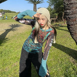 Yipinpay Women's Summer Y2K Vintage Sheer See-through Slim Tops Long Sleeve Round Neck Pattern Print Mesh Patchwork T-shirt
