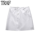 Yipinpay Silver Mini Skirts For Women Faux Leather High Waist Short Skirt Woman Fashion Pockets Streetwear Y2k Women's Summer Skirts