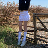 Yipinpay Y2k White Mini Skirt Women Summer Korean Fashion Embroidered Double-layer Ruffle Fairycore Cute High Waist Skirt Shorts