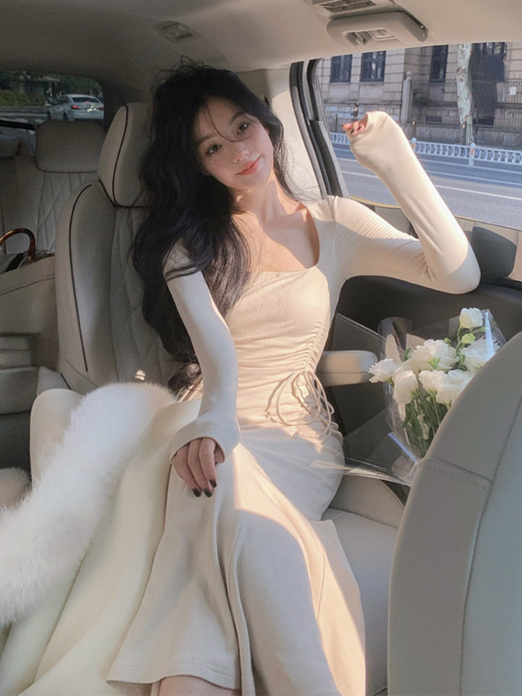 Yipinpay Colo Elegant Midi Dress Slim Casual 2023 Autumn Korea Fashion Evening Party Dress Woman Long Sleeve Sexy Bodycon Dress