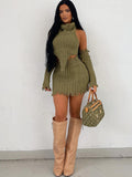 yipinpay Two Piece Sets Turtlenck Crop Top Tassel Mini Skirt Sets Women Outfits Y2K Clothes Solid Slim Streetwear Green Dress Set