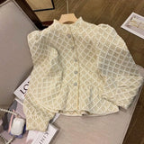 Yipinpay Two Piece Sets Women Stand Collar Crop Top Jacquard Diamond Plaid Shirt Embroidered Skirt Vintage A Line Y2k Korean