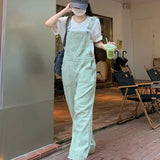 Yipinpay Green Denim Overalls Pant for Women Y2k Streetwear Baggy Pocket Jeans Straight Bib Denim Rompers Trousers Korean Ladies