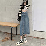 Yipinpay Blue Washed Denim Midi Skirt For Women Fashion Y2k Casual Loose Straight Long Skirts Jeans Knee Length A Line Waist Female