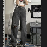 Yipinpay And Winter Women Bottoms Black Vintage Fashion High Waist Jeans Ripped Baggy Wide Leg Pants Street Straight Denim Trouser