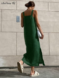 Yipinpay Green Tank Dresses Summer Cotton Linen Sleeveless Straight Split Dress 2023 All-Match Midi Dress Vacation Style Lady