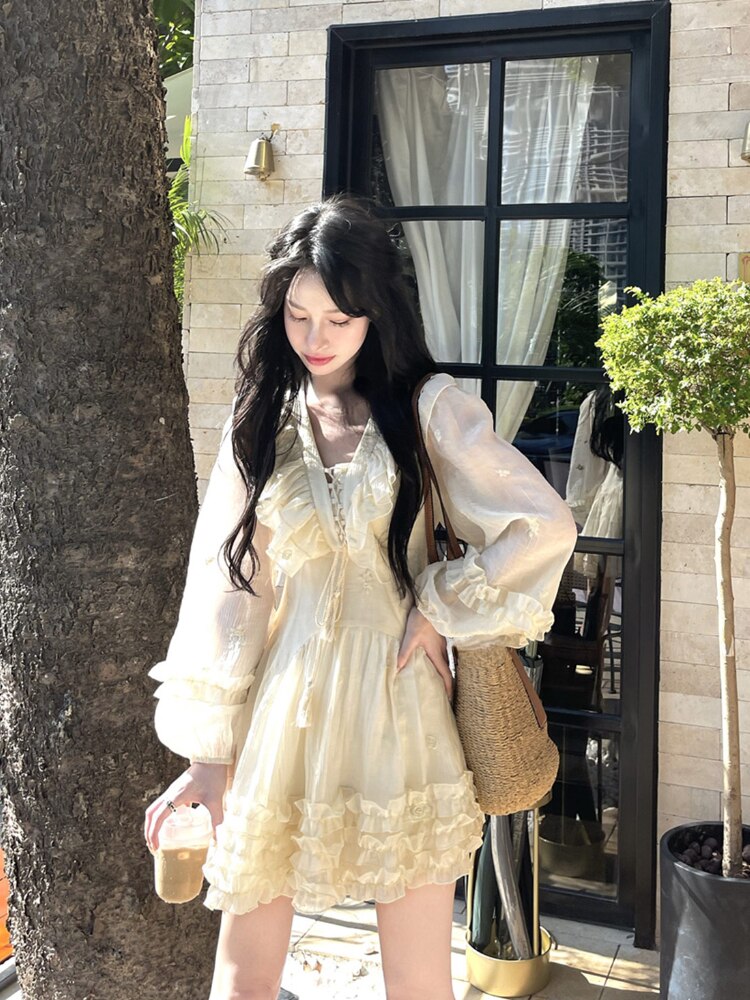 Yipinpay Autumn Fairy Pure Color Mini Dress Woman Casual Long Sleeve Elegant Dress Korean Fashion Short Party Dress Chic Design