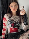 Yipinpay Gothic Aesthetic See Through Women T-shirts Grunge Sexy Printed Bodycon Crop Tops Punk E-girl Long Sleeve Clothes