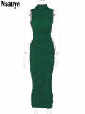 yipinpay Elegant Turtleneck Women Off Shoulder Sexy Bandage Plaid Bodycon Long Dress Casual Summer Green Party Club Wrap Dress