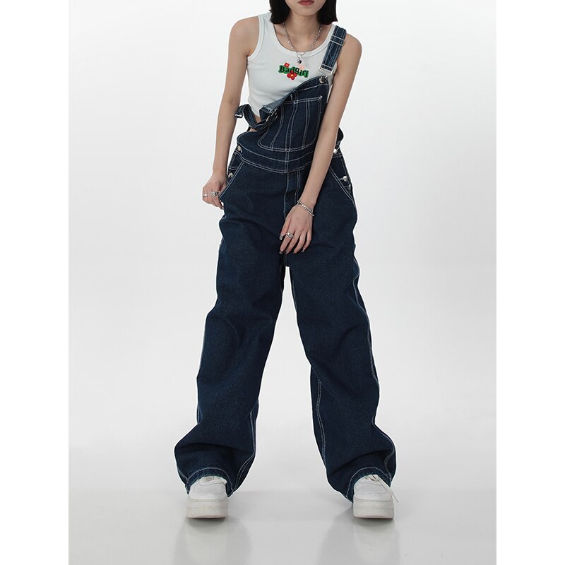 yipinpay Womens Vintage Suspender Jeans Fashion Pocket Baggy Cargo Pants Streetwear Casual Straight Wide Leg Denim Trouser Ladies Summer