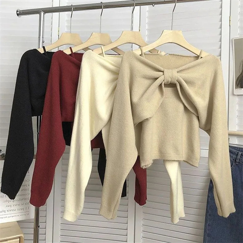 Yipinpay Bow Long Sleeve Sweater Women Slim Fit Simple Knitted Tank Tops Autumn Winter 2023 New Korean Chic Two Piece Set Y2k