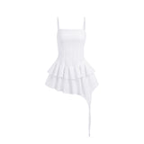 Yipinpay Spaghetti Strap Low Cut Pleated Mini Dress Women Backless Slim Fit Casual White Robe 2023 Spring Fall Fairy Grunge Clothes