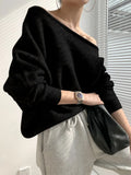Yipinpay Temperament Off Shoulder Design Loose Casual Solid Color Long Sleeve Knitted Sweater Women Grey Y2k Top Sueter New Korean
