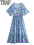 Yipinpay Blue Floral Dress Woman Ruffle Long Dresses For Women Short Sleeve Beach Summer Dress Women 2023 Elegant Midi Dresses