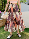 yipinpay Spring Summer Fashion High Waist Pleated Skirts Woman Tie Dye Split Vintage Casual Chiffon Long Midi Skirt Patchwork