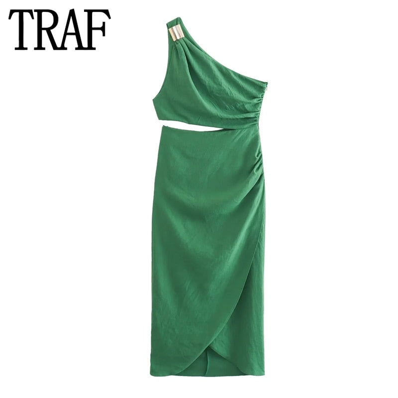 Yipinpay 2023 Cut Out Long Dress Women Asymmetric Green Sleeveless Dress Woman Ruched Off Shoulder Midi Summer Elegant Party Dresses