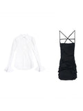 Yipinpay Shirt Women New Sexy Suspender Mini Flare Sleeve Blouse Slim Tops Short Black Strap Dress Sets Wild 2 Piece Suits Fall