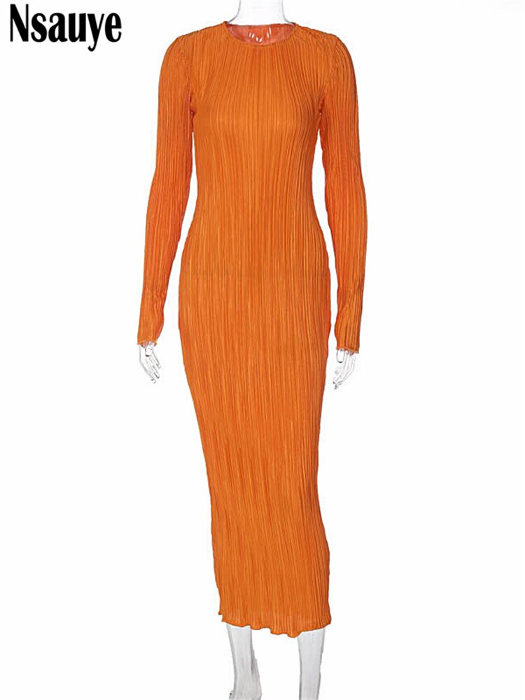 yipinpay Basic Black Orange Maxi Bodycon Long Sleeve Pleated Dress For Women 2023 Plisse Casual O Neck Sexy Dress Party Night