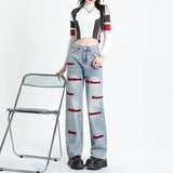 Yipinpay Blue Embroidery Baggy Jeans For Women Y2k Fashion Female High Waist Wide Leg Pants Loose Washed Denim Trousers Full Length