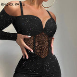 Yipinpay Women Glitter Deep V Neck Spaghetti Straps Design Bodycon Lace Patch Bright Line Deco Skinny Jumpsuit Sexy Dancing Jumpsuit