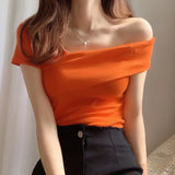 Yipinpay Slash Neck Tee Black Irregular Short Sleeved T Shirt Oversize Tops Solid Wild Sexy Clothes Women T Shirt White Blouse