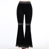 Yipinpay Goth High Waist Flared Pants Aesthetic Sexy Lace Patchwork Trousers Women Vintage Elegant Velvet Christmas Pants