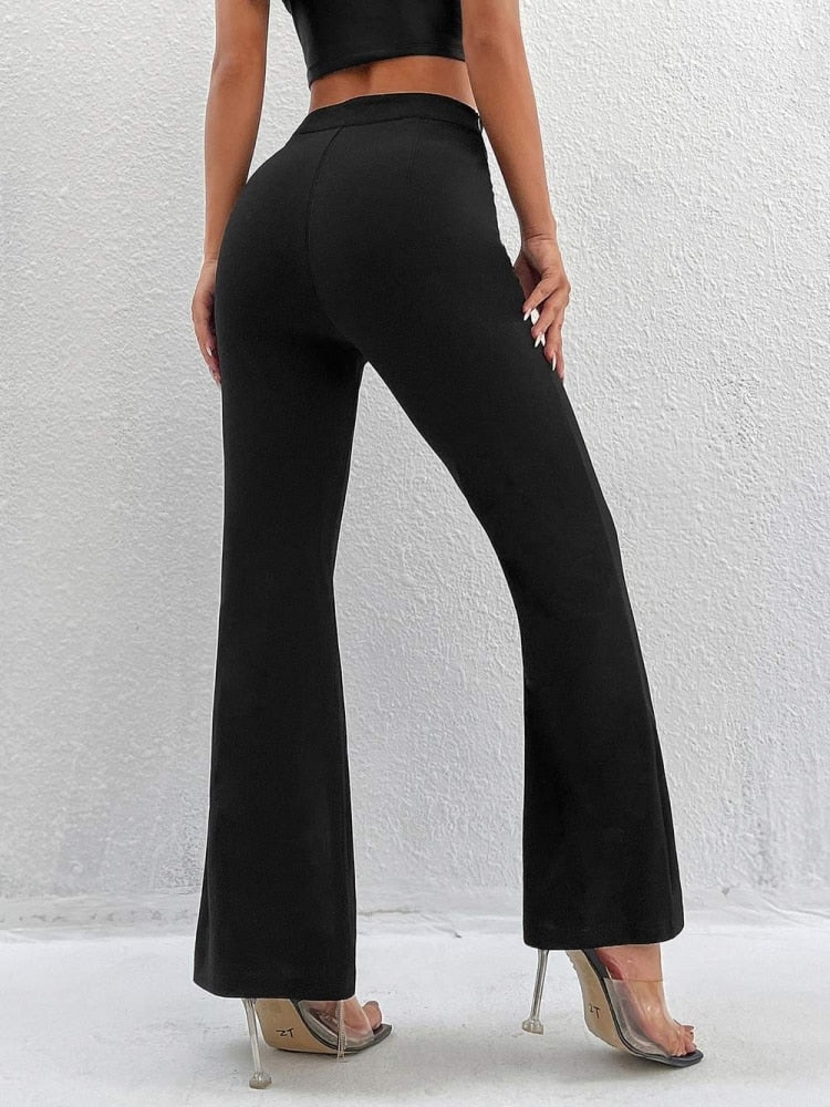Yipinpay Waist Pants For Women Hollow Out Skinny Long Trousers 2023 Fashion New Solid Streetwear Female Split Flare Pants Ropa Mujer