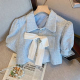Yipinpay Puff Short Sleeve Cardigan Blue Plaid Shirts Tweed Coat Wrap Hip Skirts Women Two Peice Sets Crop Tops Suits