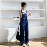 Yipinpay Retro Dark Blue Overalls Jeans for Women's Korean Fashion Denim Romper Jumpsuit Summer Loose Size High Street Baggy Trousers