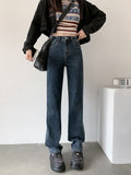 Yipinpay Winter Velvet Thickened Jeans Women's High Waist Straight Wide Leg Trousers