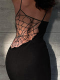 Yipinpay Summer Gothic Sexy Black Cobweb Long Patchwork Dress Spaghetti Straps Elegant Chic Robe Luxury Party Dresses 911