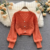 Yipinpay Cardigan Solid Color V Neck Short Sweater Lazy Wild Hollow Out Sweaters for Women Chic Pearl Button Knitted Coat Shirts