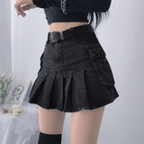 Yipinpay Punk Black Denim Mini Skirt Pleated Women Sexy Grunge High Waisted Pocket Patchwork A-line Jean Skirt E Girl Streetwear