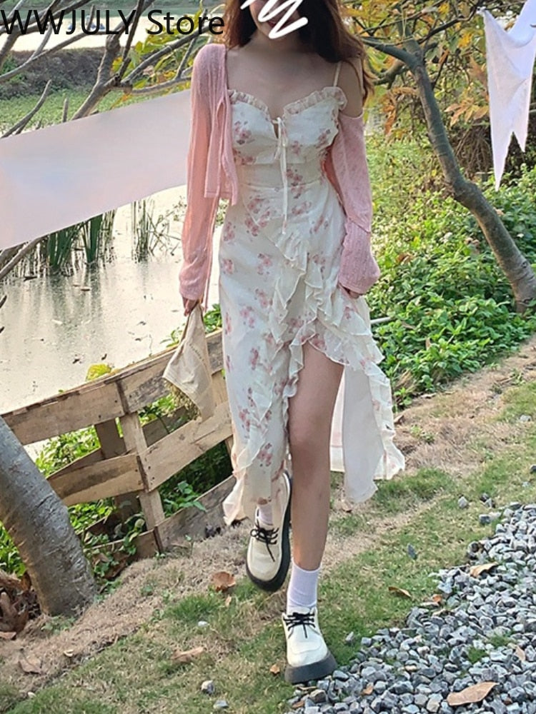 Yipinpay Summer Floral Sleeveless Midi Dress Elegant Sexy French Vintage Strap Dress Woman Party One Piece Dress Korean Fashion